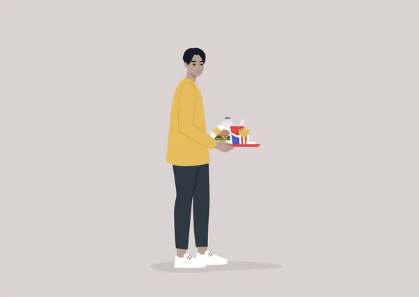 一个年轻的亚洲男子 手里拿着一个装有快餐的盘子 一个纸盒里的芝士汉堡 一个塑料瓶里的水 一杯苏打水 一个条状容器里的薯条和酱汁 — 图库矢量图片