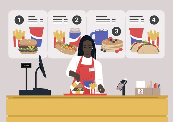 Restaurante Fast Food Mulher Trabalhadora Africana Atrás Balcão Registro Servindo — Vetor de Stock
