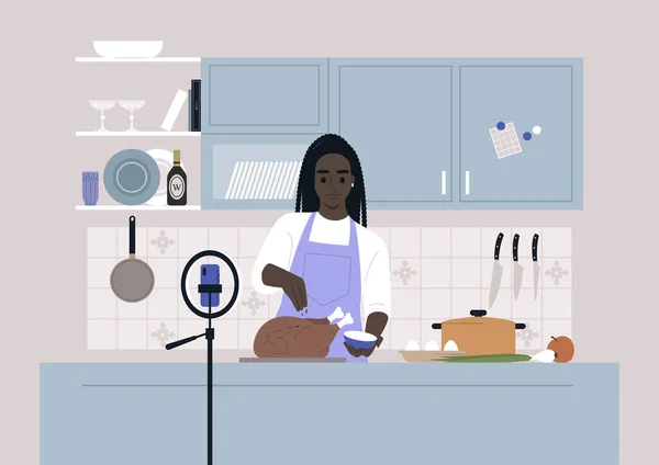 Mutfak Şovu Kamerada Kızarmış Hindi Pişiren Genç Bir Afrikalı Kadın — Stok Vektör