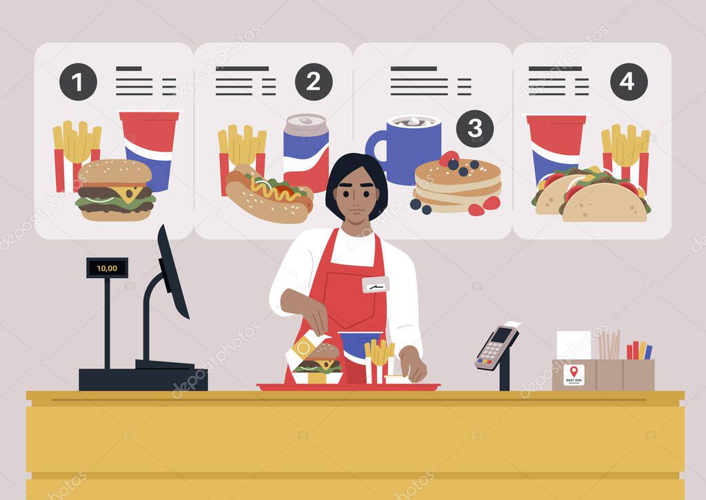 A fast-food restaurant female Caucasian worker behind the register counter serving an order on a tray