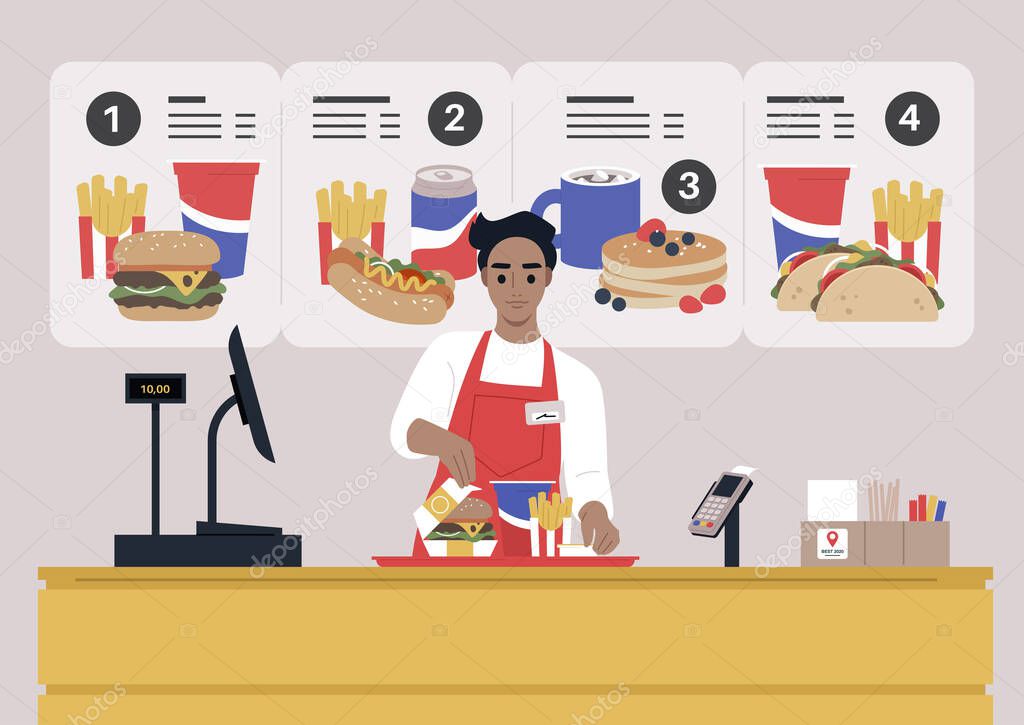 A fast-food restaurant male Caucasian worker behind the register counter serving an order on a tray