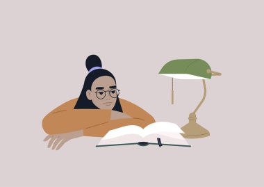 Kollarına yaslanıp kitap okuyan genç bir Asyalı kadın karakter, eğitim süreci, kütüphanede sınavlara hazırlanan bir üniversite öğrencisi.