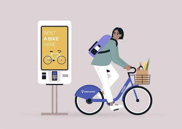 Kiralık Şehir Bisikleti Süren Beyaz Kadın Karakter Kişisel Hizmet Dijital — Stok Vektör