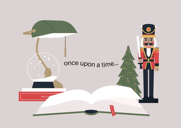 クリスマスのストーリーブック 緑の図書館ランプとくるみ割り人形 魔法の冬の休日の雰囲気を読む — ストックベクタ