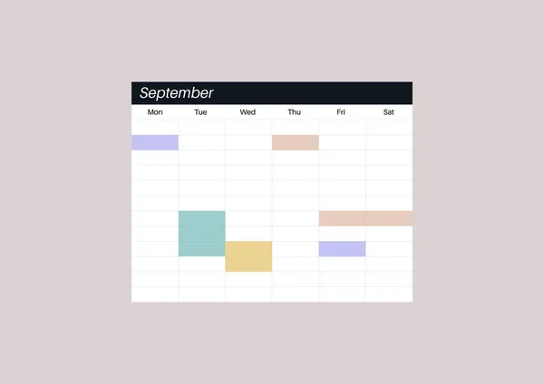 Calendario Settimanale Vuoto Con Campi Colore Pianificatore Giornaliero — Vettoriale Stock