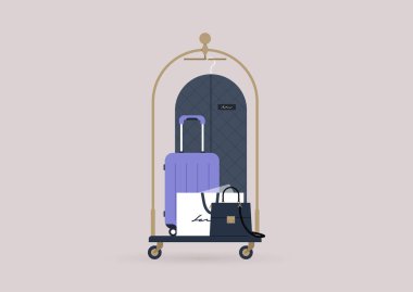 Bavul ve çantalarla dolu bir otel bagajı.
