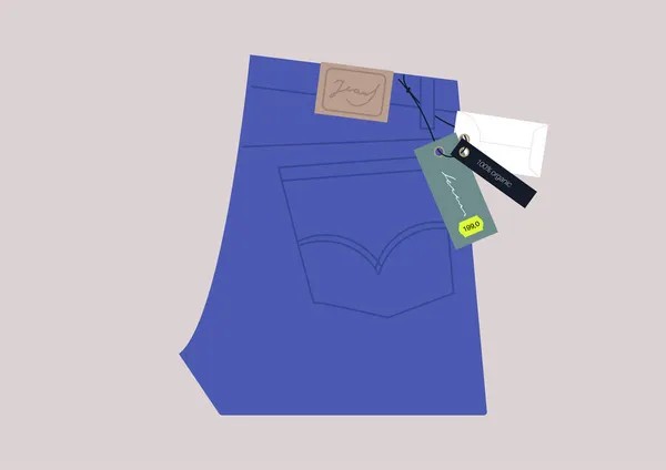 Ett Par Vikta Blå Jeans Med Etikett Avslappnade Kläder — Stock vektor
