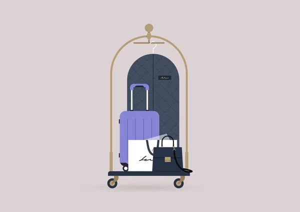 スーツケースやバッグを積んだホテルの荷物カート — ストックベクタ