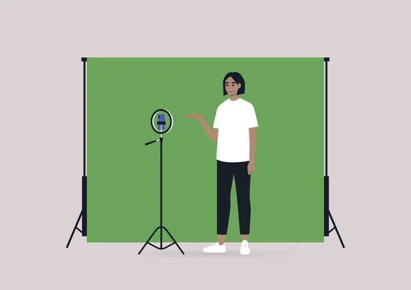 携帯電話 クロマキースクリーンでビデオを録画している若い女性の白人ブロガー — ストックベクタ