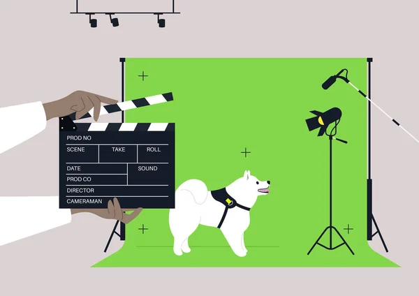 Perro Actuando Una Escena Cine Cachorro Samoyed Pie Sobre Fondo — Vector de stock