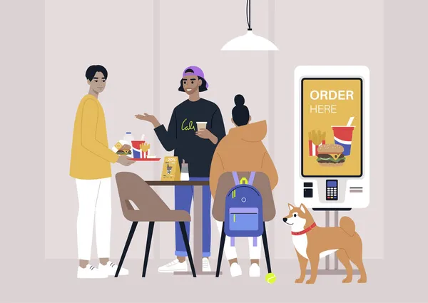 Grupo Millennials Comendo Restaurante Fast Food Lugar Amigável Para Animais —  Vetores de Stock