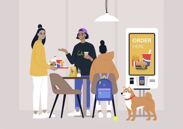 Grupo Millennials Comiendo Restaurante Comida Rápida Lugar Que Acepta Mascotas — Vector de stock