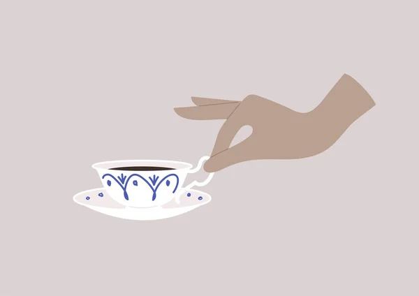 Elegante Hand Hält Eine Porzellan Teetasse Frühstückszeit — Stockvektor