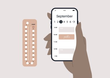Doğum kontrol hapları, ekranda gösterilen takvimle cep telefonu tutan bir el.