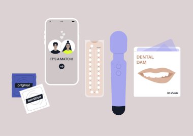 Seks bağlantılı nesneler koleksiyonu, bir flört uygulaması, silikon vibratör, bir paket lateks diş macunu, doğum kontrol çarşafları ve prezervatif.