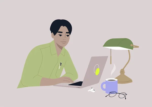 一个年轻的男性亚洲人在图书馆里工作 一个绿色的玻璃古董灯坐在桌子上 — 图库矢量图片