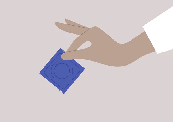 性教育 コンドームを持つ孤立した手 — ストックベクタ