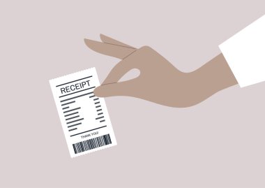 Finansal konsept, harcama parası, elinde kağıt makbuzu, süpermarkette bir müşteri, bir fatura belgesi