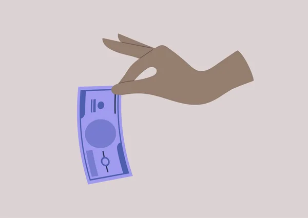 Uma Mão Pegando Uma Conta Dinheiro Operações Financeiras Com Dinheiro —  Vetores de Stock