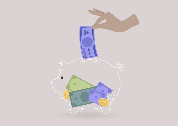 Ein Gläsernes Sparschwein Mit Papiergeld Und Münzen Inneren Transparente Bankdienstleistungen — Stockvektor