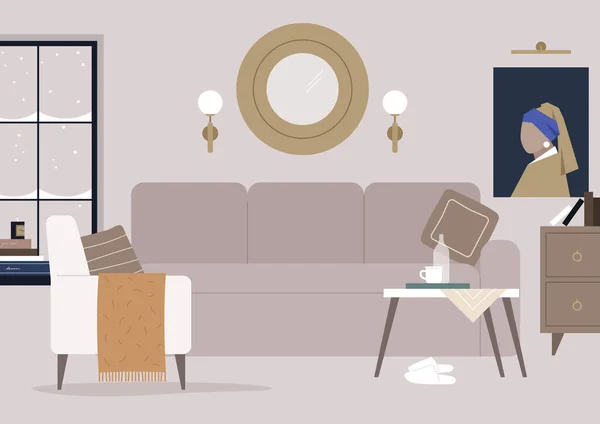 Gemütliche Wohnzimmermöbel Ein Großes Sofa Mit Kissen Ein Sessel Mit — Stockvektor
