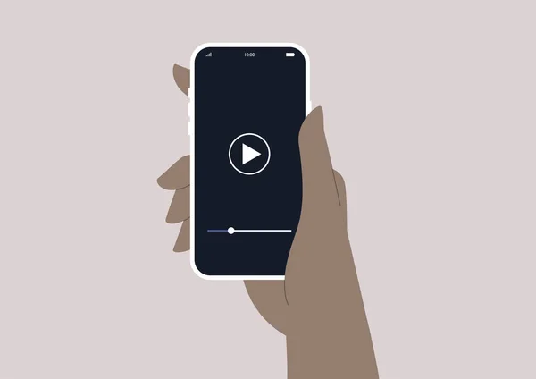 Een Hand Met Een Mobiele Telefoon Met Een Videospeler Erop — Stockvector