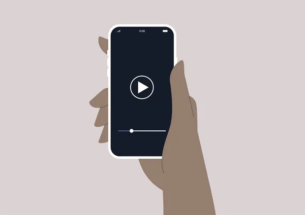 Una Mano Sosteniendo Teléfono Móvil Con Reproductor Vídeo Que Aparece — Vector de stock