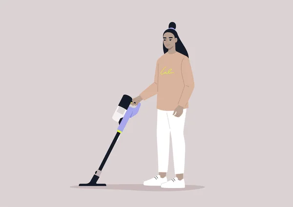 Nettoyage Caractère Asiatique Féminin Avec Aspirateur Sans Fil Tâches Ménagères — Image vectorielle