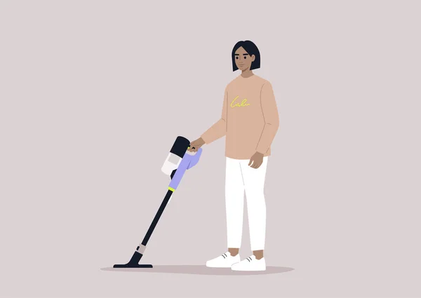 Eine Weibliche Kaukasische Charakterreinigung Mit Einem Akku Staubsauger Hausarbeit — Stockvektor