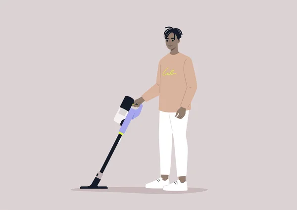 Ein Männlicher Afrikanischer Charakter Putzt Mit Einem Akku Staubsauger Hausarbeit — Stockvektor