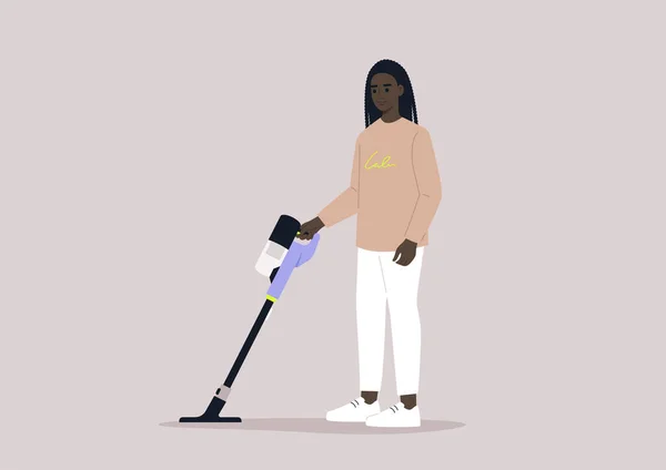 Nettoyage Caractère Africain Féminin Avec Aspirateur Sans Fil Tâches Ménagères — Image vectorielle