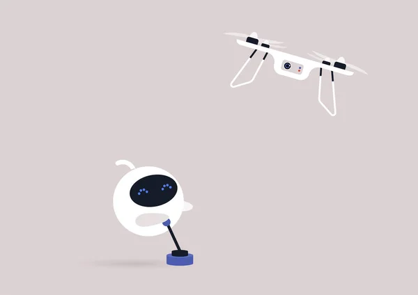 Милый Круглый Робот Управляющий Летающим Дроном Пультом Дистанционного Управления — стоковый вектор