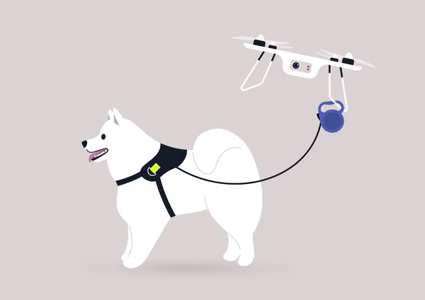 Μια Ιπτάμενη Copter Drone Πόδια Ένα Σκυλί Samoyed Νέες Τεχνολογίες — Διανυσματικό Αρχείο