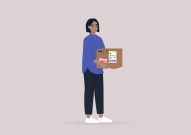 Üzerinde çıkartma ve etiket olan bir karton kutu taşıyan beyaz bir kadın karakter, bir kurye servisi, posta kutusu.