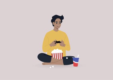 Video oyunu konsolu ve atıştırmalık şeyler çalan genç bir karakter, kablosuz eğlence teknolojisi, modern yaşam tarzı