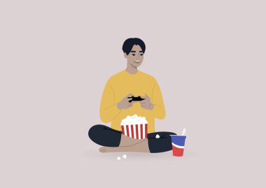 Video oyunu konsolu ve atıştırmalık şeyler çalan genç bir karakter, kablosuz eğlence teknolojisi, modern yaşam tarzı