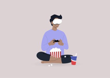 VR kulaklık takan, video oyun konsolu çalan ve abur cubur yiyen genç bir karakter. Kablosuz eğlence teknolojisi, modern yaşam tarzı.