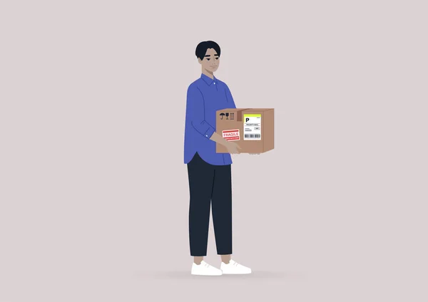 Mladý Asijský Muž Držící Kartónovou Krabici Samolepkami Etiketami Kurýrní Služba — Stockový vektor