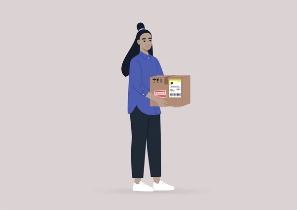 ステッカーとラベルの入った段ボール箱を持っている若い女性アジアのキャラクター 宅配便サービス ポストボックス配達 — ストックベクタ