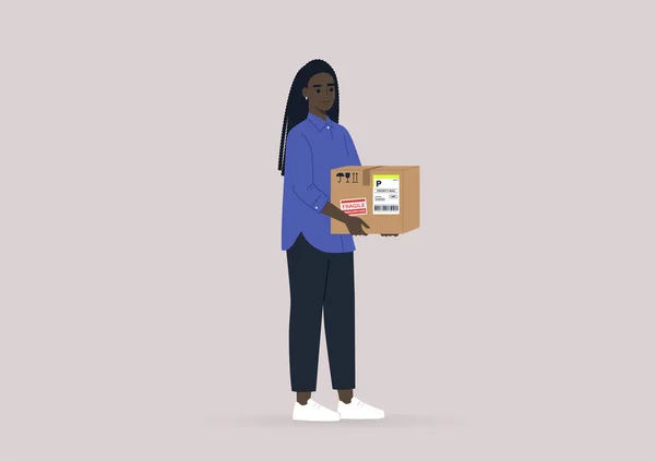 Uma Jovem Personagem Africana Segurando Uma Caixa Papelão Com Adesivos — Vetor de Stock