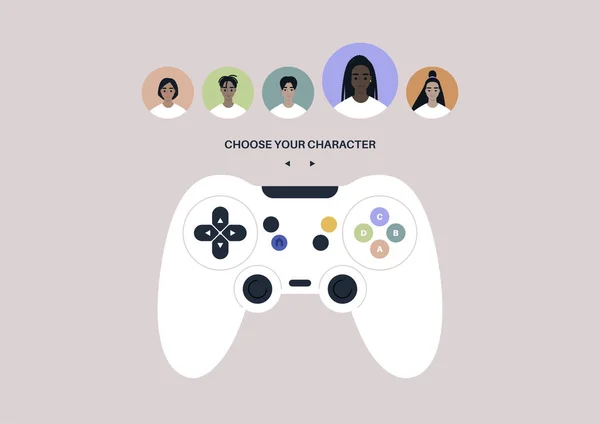 カラフルなボタンとコントロール要素を持つ隔離されたビデオゲームジョイスティックは あなたのキャラクター画面を選択します — ストックベクタ