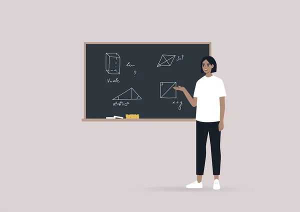 Young School Teacher Explains Geometry Pointing Blackboard Hand Drawn Figures — Stock Vector