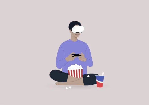 Eine Junge Figur Trägt Ein Headset Spielt Eine Videospielkonsole Und — Stockvektor