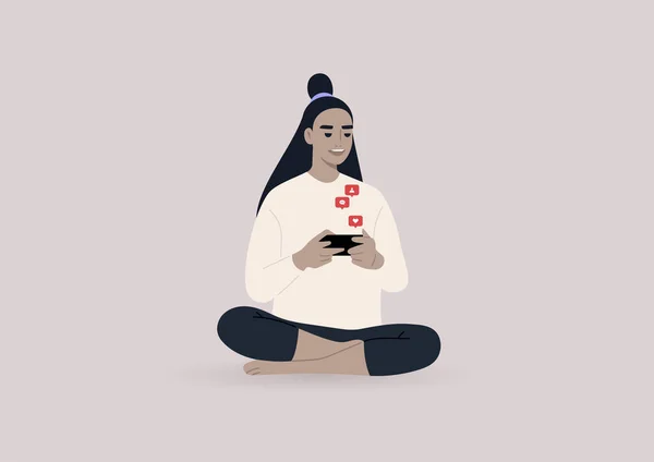 Jeune Personnage Asiatique Féminin Utilisant Leurs Médias Sociaux Notifications Push — Image vectorielle