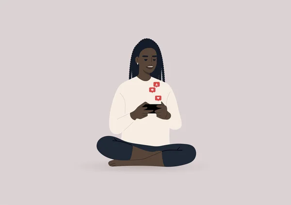 Молодая Женщина Африканка Использующая Свои Социальные Сети Приложение Мобильного Телефона — стоковый вектор