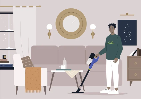 Housekeeping Concept Young Male African Character Vacuum Cleaning Living Room — Vettoriale Stock