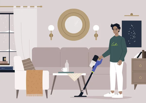 Housekeeping Concept Young Male Caucasian Character Vacuum Cleaning Living Room — Vettoriale Stock