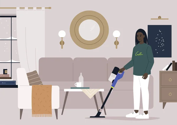 Housekeeping Concept Young Female African Character Vacuum Cleaning Living Room — Vettoriale Stock