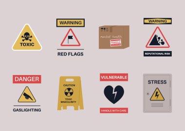 A mental health and human emotions sticker pack stylised as warning signs and industrial objects clipart