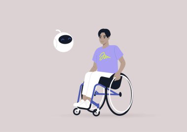 Genç bir Asyalı erkek tekerlekli sandalye kullanıcısı sevimli, yuvarlak bir robot, yeni teknolojiler ve modern yaşam tarzıyla sohbet ediyor.